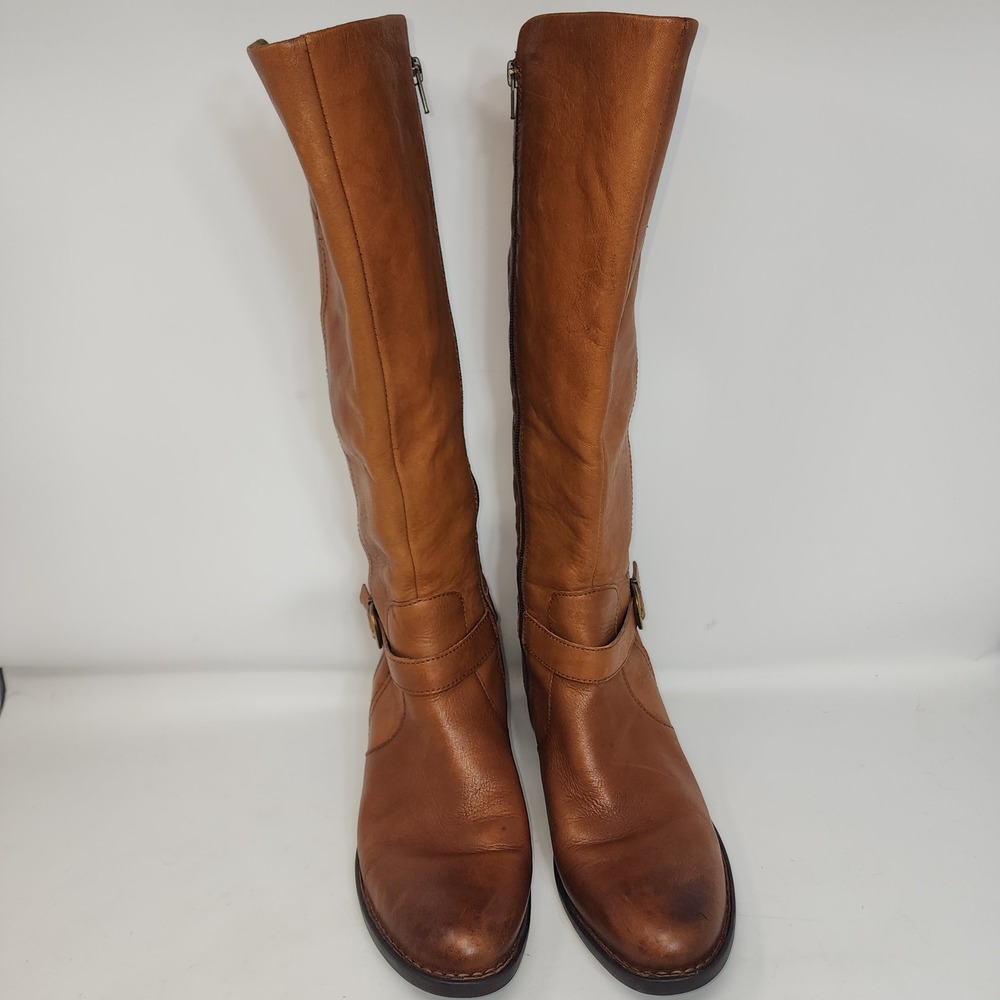 Born Leather Tall Riding Boots 10M Tan Cognac F71106 Zip Up Buckle Ankle - Picture 2 of 13